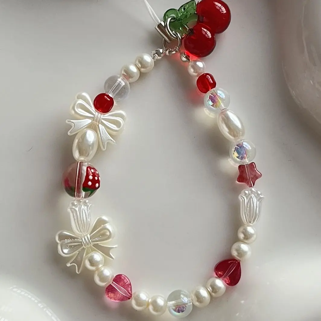 Butterfly Cherry Phone Chain, Cell Phone Charm, Original Handmade Beaded Lanyard, Creative Ccd Camera Strap, Anti-Drop Wristlet, Fashionable Women's Accessory, Phone Accessories