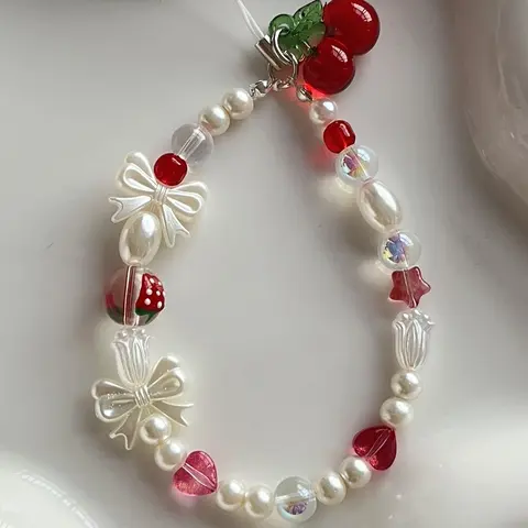 Butterfly Cherry Phone Chain, Cell Phone Charm, Original Handmade Beaded Lanyard, Creative Ccd Camera Strap, Anti-Drop Wristlet, Fashionable Women's Accessory, Phone Accessories