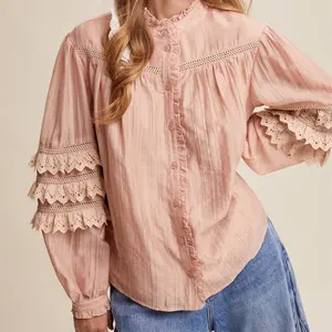 Willow Blush Blouse - Romantic Feminine Blush Hue with Lace-Trimmed Ruffle Sleeves & Pintuck Detailing for Timeless Elegance