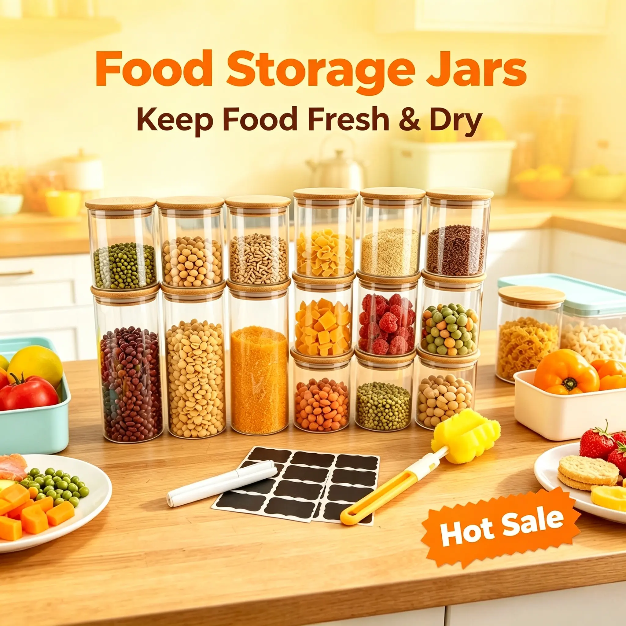 15 PCS Glass Food Storage Jars Set, Airtight Canisters with Bamboo Lid, Clear Kitchen Container for Coffee, Nuts, Flour, Cereals