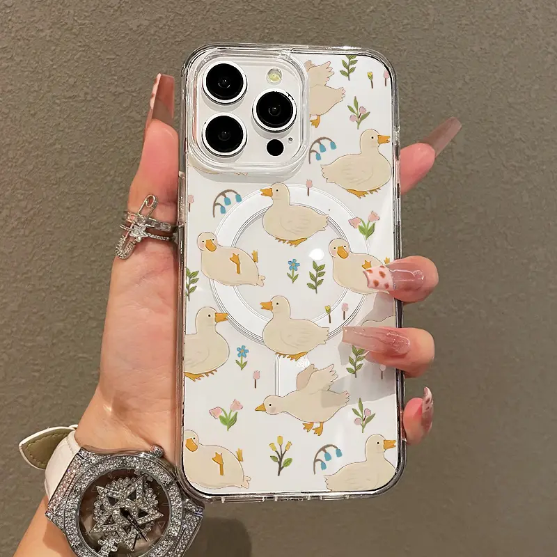 Magnetic Soft Case for iPhone11/12/13/14/15/16/promax, Spring Flower Duck MagSafe Compatible, transparent phonecase stuff,Aesthetic Pattern Design,cutephonecases