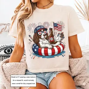 USA 250 Boxy Tee Springer Spaniel Graphic Tee Cropped Shirt Women’s Dog Lover T-Shirt Patriotic American Flag Shirt Vintage Style Gift