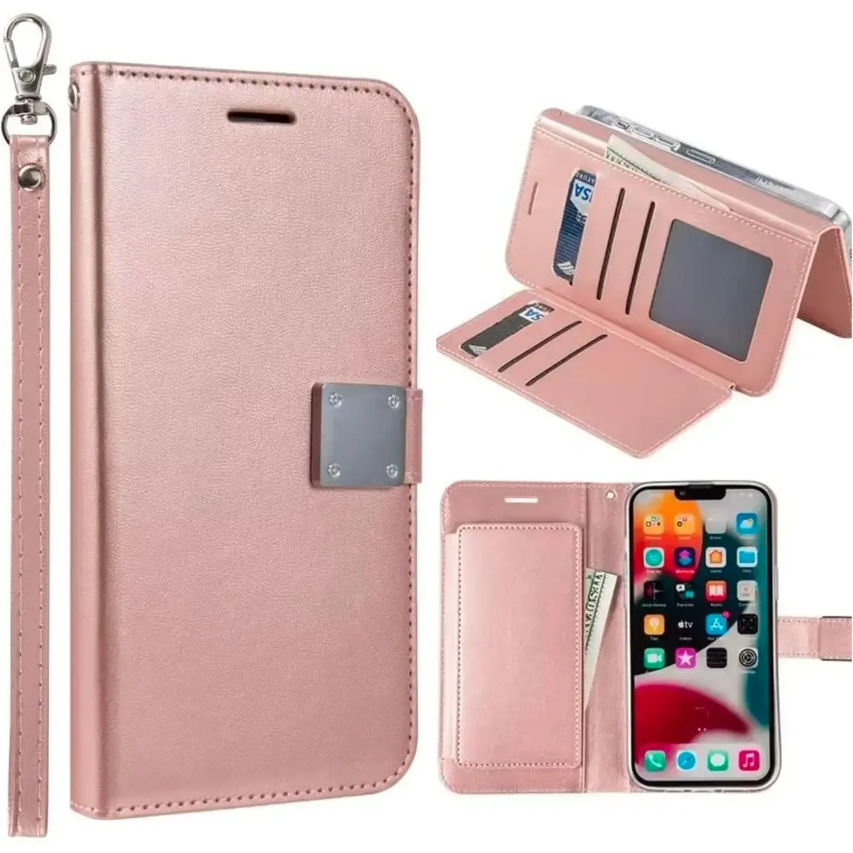 Entronix Folio Wallet Case for iPhone 13, Leather Wallet & Lanyard Bumper Cover, Protective Protection Card Shell