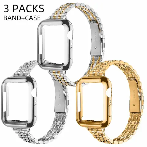 Stainless Steel Watch Band with Case, 3 Counts Watch Band Compatible with Apple Watch 41mm 45mm 42mm 44mm 40mm 38mm, Smart Watch Straps, Smartwatch Strap, Smart Watch Accessories, Wearable Accessory