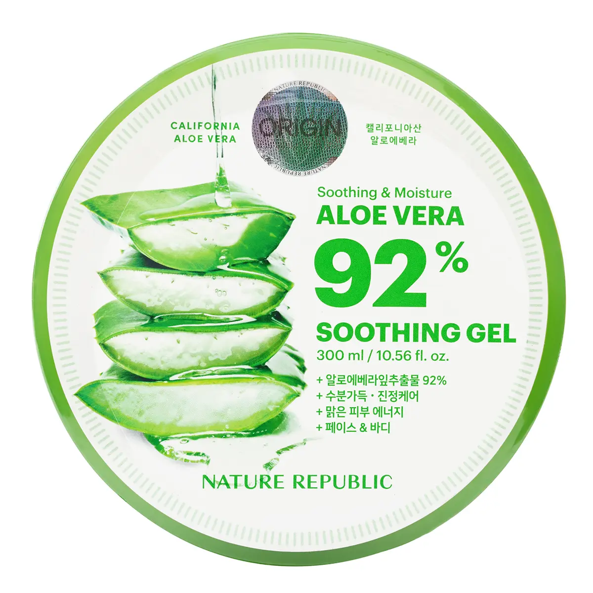 Nature Republic 92% Aloe Vera Soothing Gel, Hydrating and Cooling Moisturizer for Face and Body, Oil-Free Lightweight Formula, 300 ml, Moisturizing, Face Lotion, Daily Skin Moisturizing, Facial Soothing Moisturizer, Selfcare, Liquid