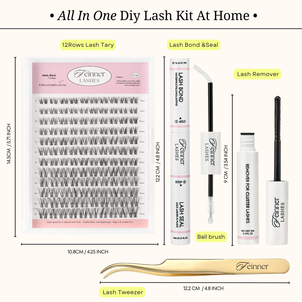 Feinner DIY Lash Cluster Kit Invisible Soft Band Long Lasting Waterproof Bond Seal Remover Natural Eyelashes for Salon Quality at Home Must-Have Cluster Pure Clean Look