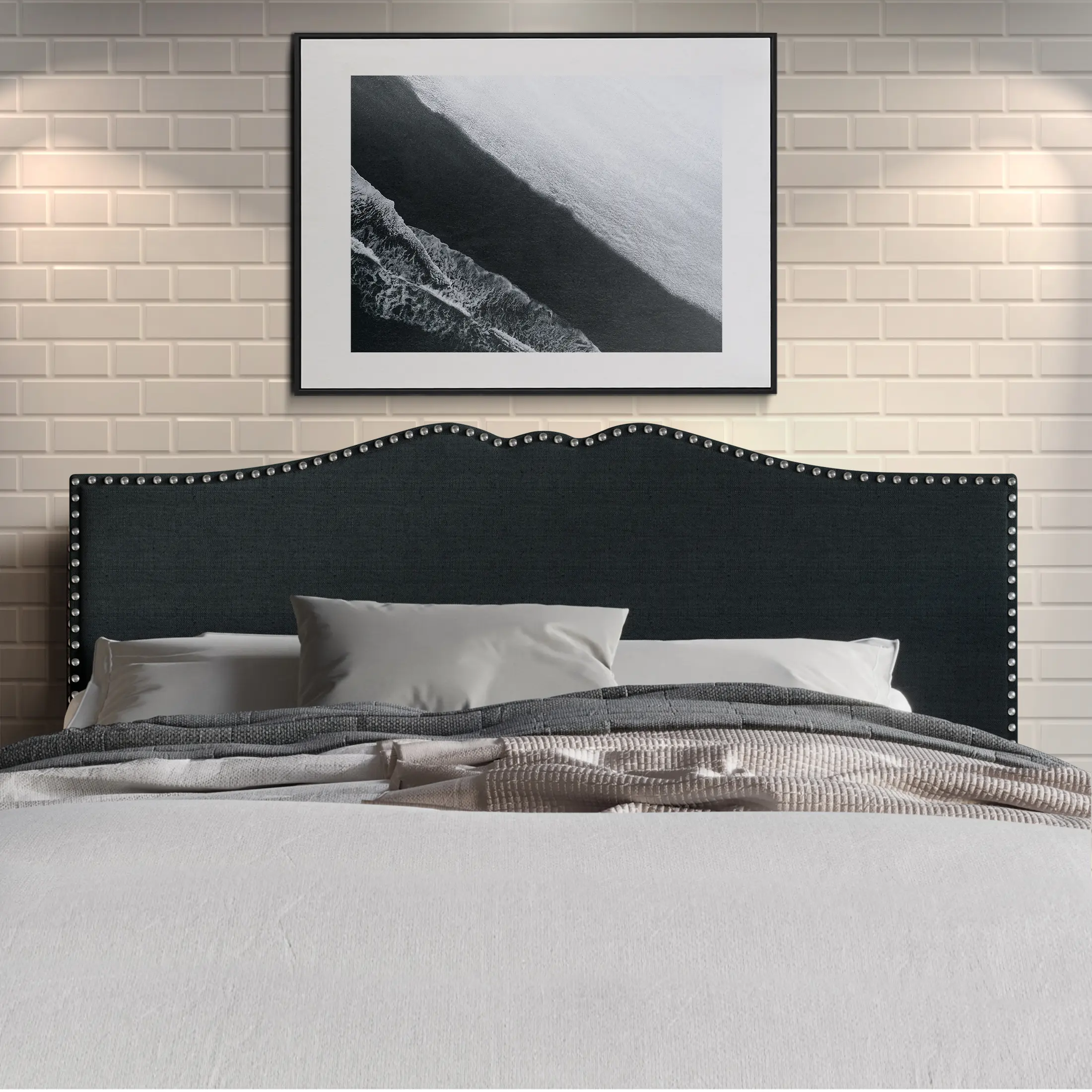 Isahbella Linen Nailhead Curvaceous Upholstered Adjustable Headboard - Hand-Applied Chrome Trim, 100% Polyester Fabric, Easy Assembly