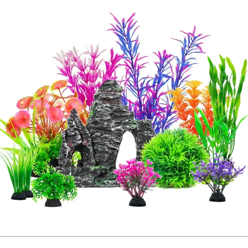 13 Aquarium Plants Cave Rock Decor Set& Fish Tank Artificial PlasticPlants,Fish Tank Accessories Small Large Aquarium Decorations Kit