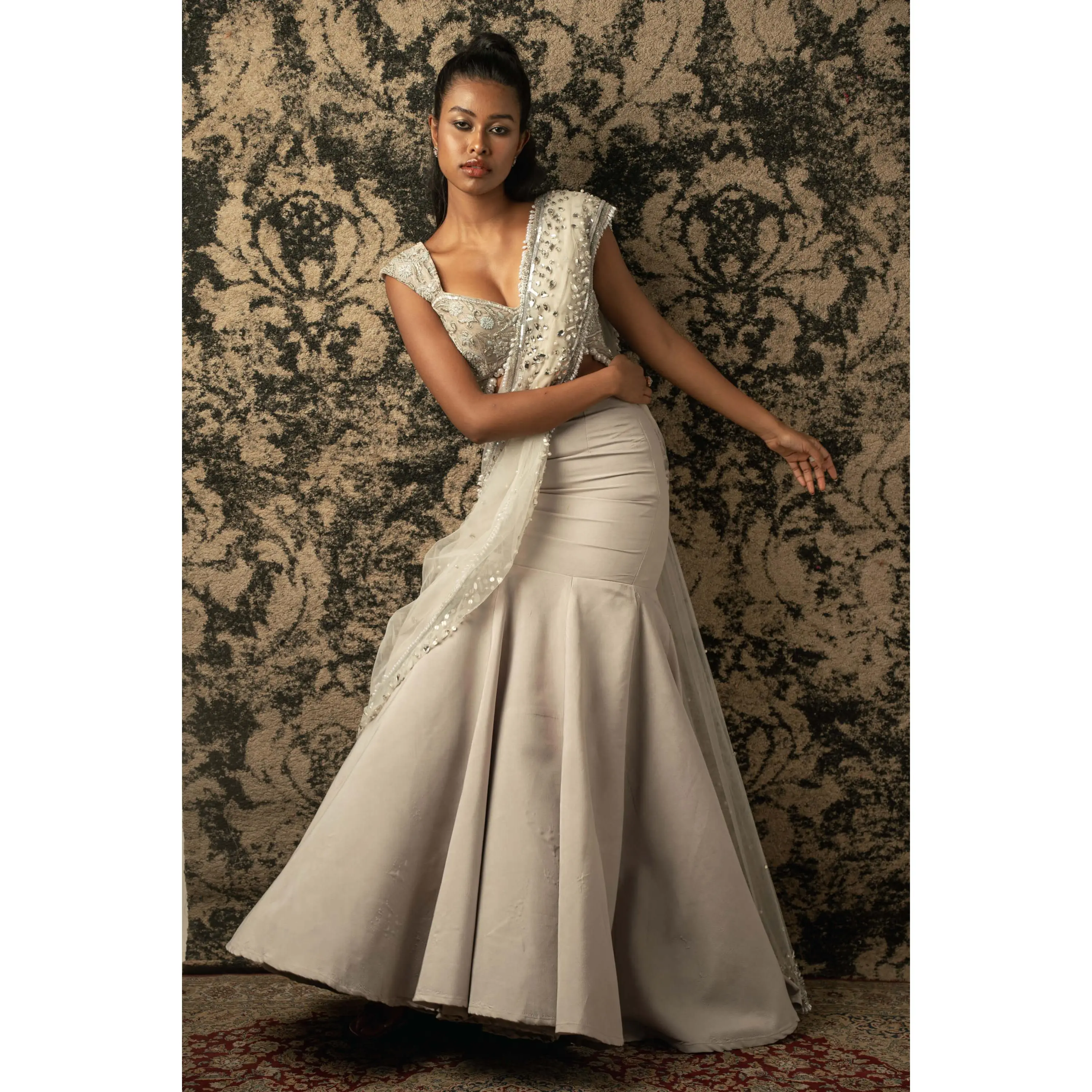 Chalk pre-draped saree set