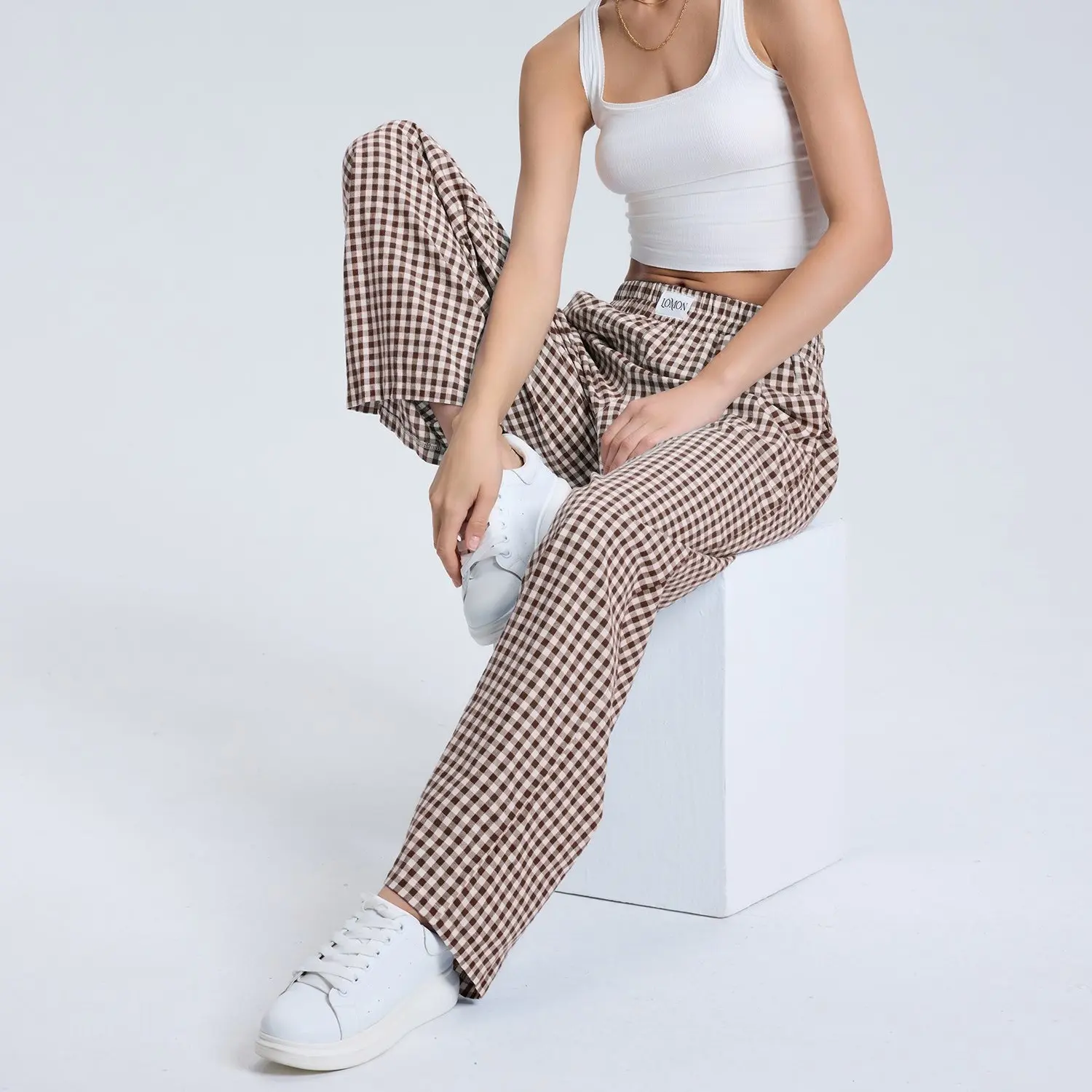 LOMON Women's Striped Gingham Boxer Pants Cotton Pajama Lounge Trousers with Pockets Y2K Beach Bottoms Casual Plaid Trousers for Loungewear & Nightwear SpringStatements Womenswear