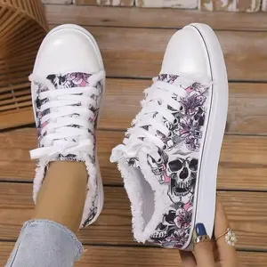 Skull Print Lace-up Canvas Sneakers, Casual Low Top Walking Shoes for Men & Women, Halloween Gothic Streetwear Shoes
