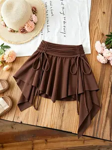 Must-Have Festival Skirt, High-Waisted Drawstring Waist, Asymmetric Ruffle Hem, Solid Color Basic Half Skirt, Perfect for Music Festivals