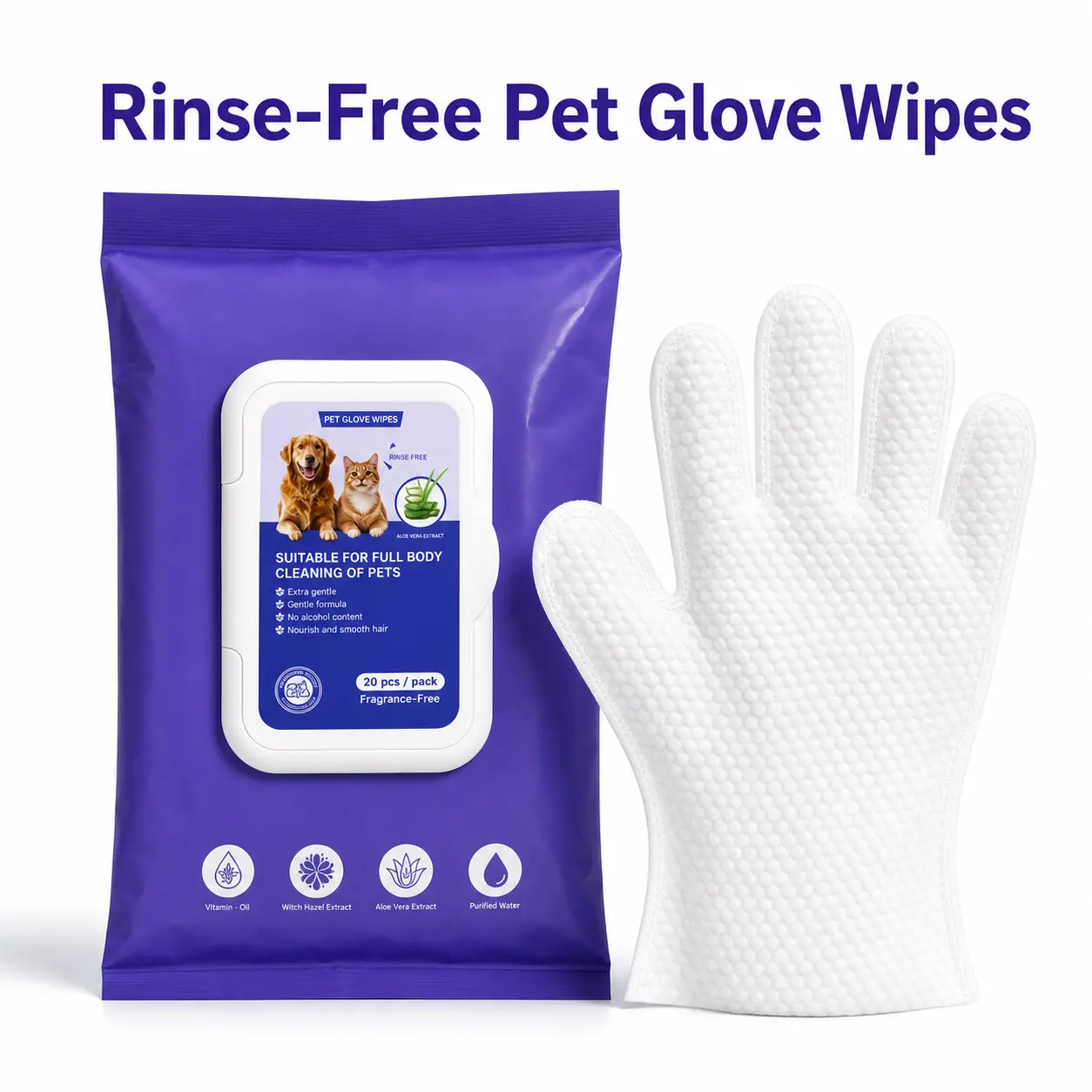 20-Pack Extra-Thick Wash-Free Pet Grooming Gloves with Small Grooming Wipes - Lick-Safe for Dogs & Cats - Cleans, Deodorizes Paws, Eyes, Ears, Butt & Body