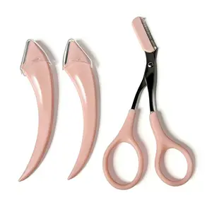 Beginner Proof Eyebrow Grooming Kit，2 Razors+1 Eyebrow Scissors+Trimmer，Imported Stainless Steel，Salon Approved Pink Bathroom Accessory
