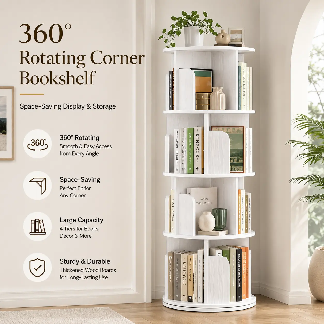 Aheaplus 4-Tier 360° Rotating Corner Bookshelf - Narrow Wood Floor Standing Racks & Shelves, 360° Rotation Cabinets, Corner Shape Organizer for Living Room, Small Space Storage (Books Compatible), 360° Rotation Cabinets, Racks & Shelves