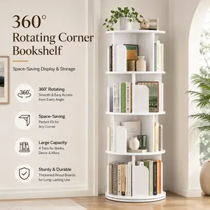 Aheaplus 4-Tier Rotating Bookshelf, Small Corner Bookshelf for Small Space, 360 Display Floor Standing Bookcase Storage Rack, Wood Narrow Book Shelf Organizer for Bedroom, Living Room