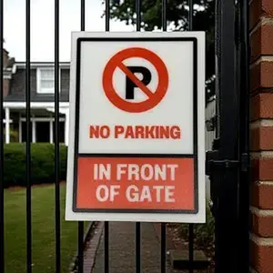 No Parking In Front of Gate Signs, 5x7 inch Acrylic Signs, Choose from 20 Warning and Policies, Each Sign Comes With Double Sided Tape for Easy Displaying. (Design 11)