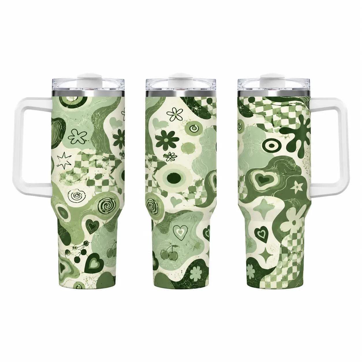 40oz Insulated Tumbler With Handle & Straw, Retro Groovy Green Abstract Swirl Checkerboard Heart Tiny Floral Print Stainless Steel Travel Cup, Double Wall Cold Retention Leakproof Water Tumbler For Car Office Y2K Casual Daily Hydration
