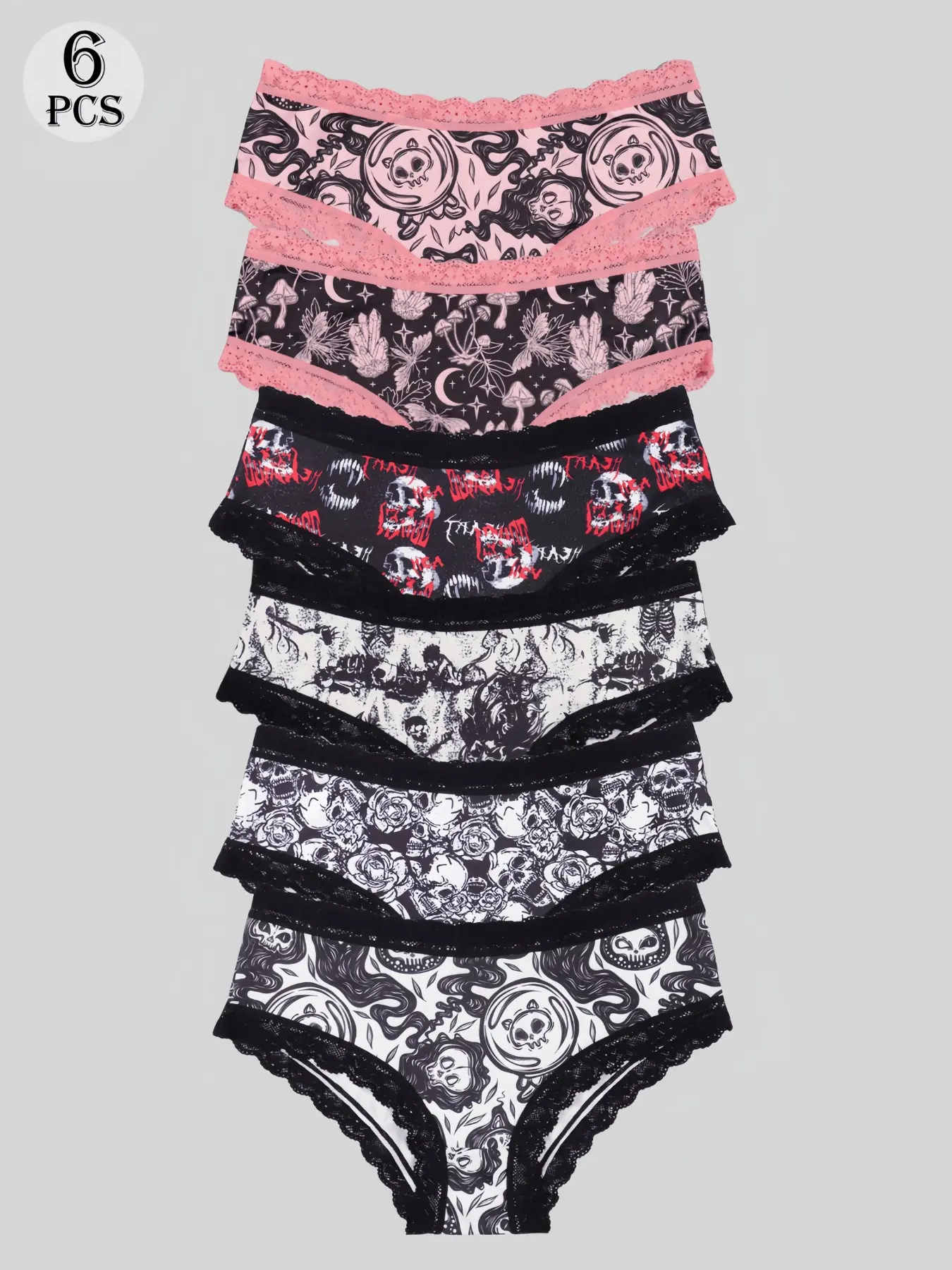 Morvia 6Pcs Alt Girl Gothic Underwear Set, Dark Aesthetic Lace Panties, Y2K Spooky Print Seamless Knickers, Sexy Fitted Soft Lingerie, Breathable Cotton Crotch, Punk Grunge Style Intimates, All Season Comfort Daily Wear