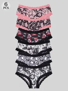 Morvia 6Pcs Alt Girl Gothic Underwear Set, Dark Aesthetic Lace Panties, Scallop Trim Panties, Y2K Spooky Print Seamless Knickers, Sexy Fitted Soft Lingerie, Breathable Cotton Crotch, Punk Grunge Style Intimates, All Season Comfort Daily Wear, Lady