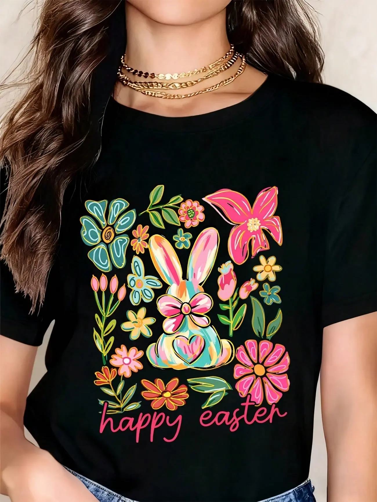 Easter Bunny Floral Print "Happy Easter" T-Shirt | Spring Holiday Casual Wear, Cute Bunny & Flower Graphic Tee for Women & Girls
