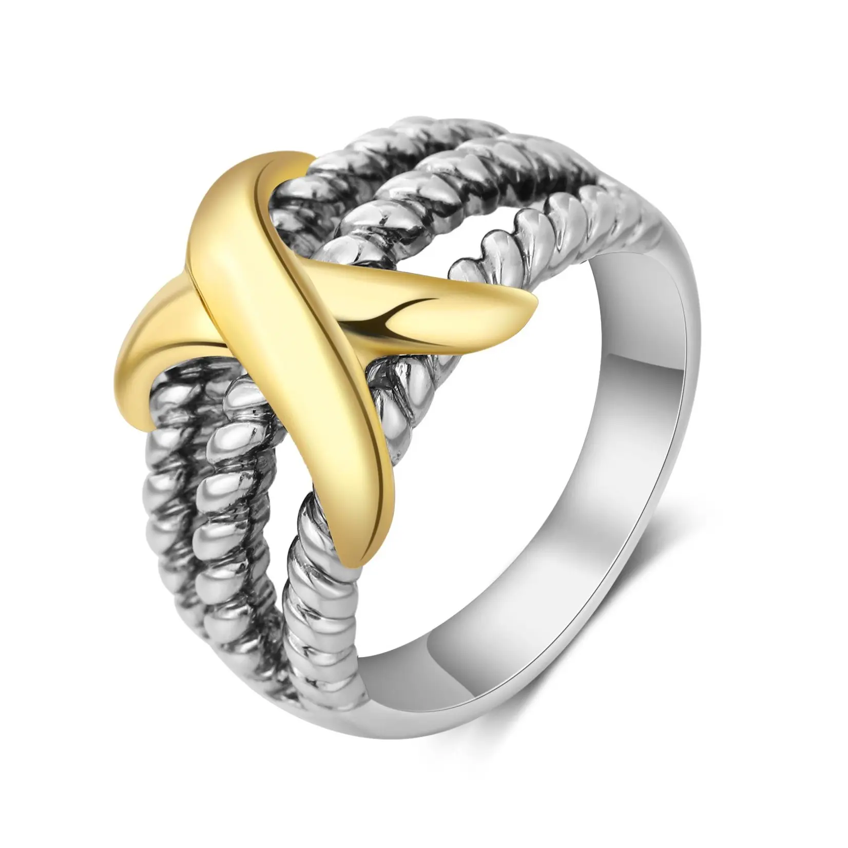 MYTYS Two Tone Rope Braided Design Ring Crossover Accent for Women Men Elegant Modern Fashionable Marquise Wedding Bands Anniversary Jewelry
