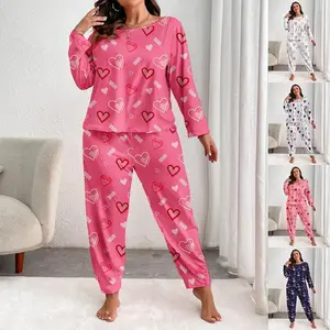 Plus Size Women's Pajamas Autumn Winter Long Sleeve Long Pants Heart Print Two-Piece Homewear Set