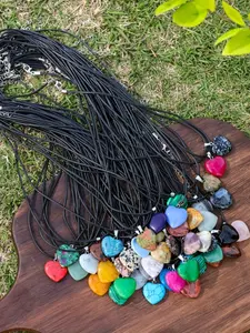 15-Piece Natural Stone Heart Pendant Set, Random Colors, Adjustable Leather Necklace Strap, Ideal for DIY Jewelry Making, Love Heart Necklace, Heart Shaped Necklace