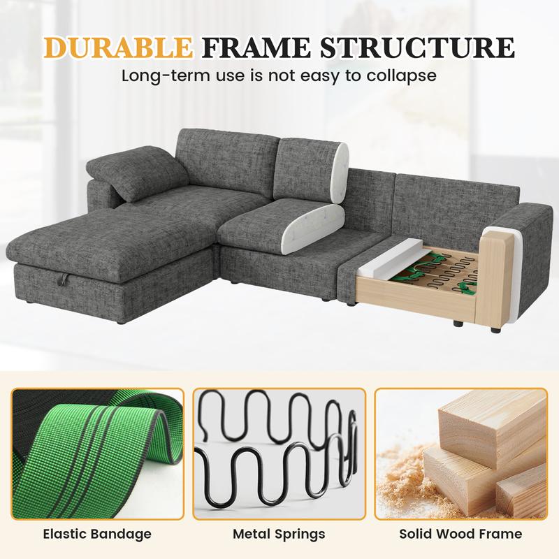 【Shipped in four Packages】118" L Shaped Modular Sectional Sofa, Oversized 3-Seater Convertible Cloud Couch, Modern Chenille Sectional Couches for Living Room, Cream White 1 PCS