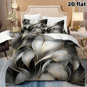 2D Flat 3Pcs Elegant Gray Gold Leaf Pattern Decorative Duvet Cover - Soft Microfiber Bedding (1 Cover+2 Pillowcases, Unfilled) Stylish Home Decor for Bedroom and Dorm Room, All Seasons