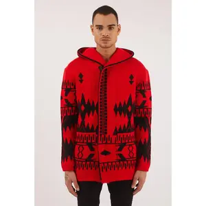 Men’s Red Aztec Knit Hoodie – Bold Tribal Patterned with Hood