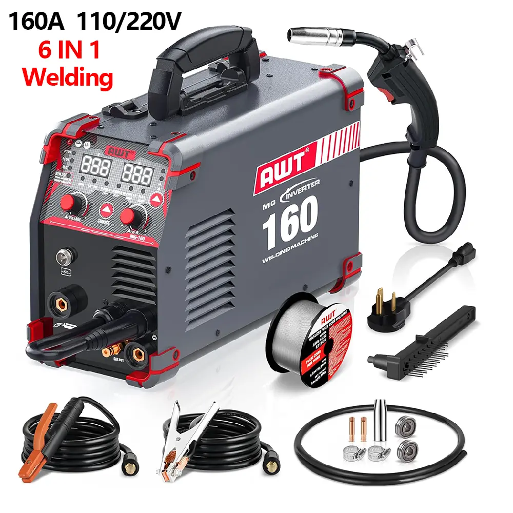 AWT MIG-160 6-in-1 Multi-Process Welder, 160A Dual Voltage 110V/220V Aluminum MIG Welder, Gas MIG, Flux MIG, Stick, Lift TIG, Digital Display Synergic Welding Machine for DIY & Metal Fabrication