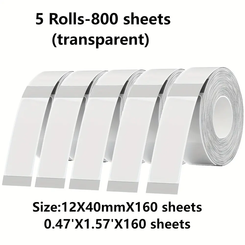 5 Rolls Transparent Label Paper, Waterproof Labels, 12x40mm, Compatible with Phomemo D30/d35, P12/p15, Waterproof, Oil-Resistant, Ideal for Office, Home, Gifts