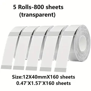 5 Rolls Transparent Label Paper, 12x40mm, Compatible with Phomemo D30/d35, P12/p15, Waterproof, Oil-Resistant, Ideal for Office, Home, Gifts