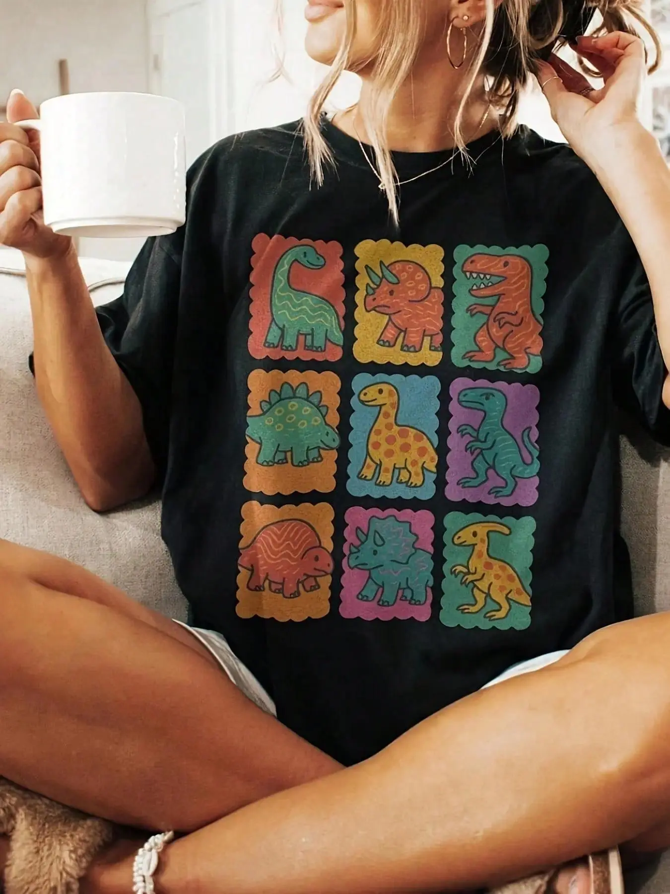 Vintage Dino Grid Graphic Tee | Retro Dinosaur Aesthetic T-Shirt | Trendy 90s Style Prehistoric Top | Soft 100% Cotton Relaxed Fit Apparel | Minimalist Animal Lover Gift | Casual Streetwear Crewneck | Creative Daily Outfit