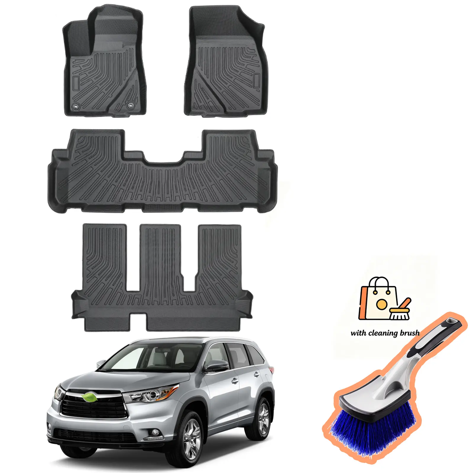 Canvcle Custom-Made 3-Row Full Set TPE Car Mats & Trunk Liners for 2014-2019 8-Seat Gas Toyota Highlander, 3D-Fit Corners, All-Weather Anti-Skid Floor Mats, Eco-Friendly, Durable Auto Interior Accessories, Easy Maintenance, Free Cleaning Brush Included, C