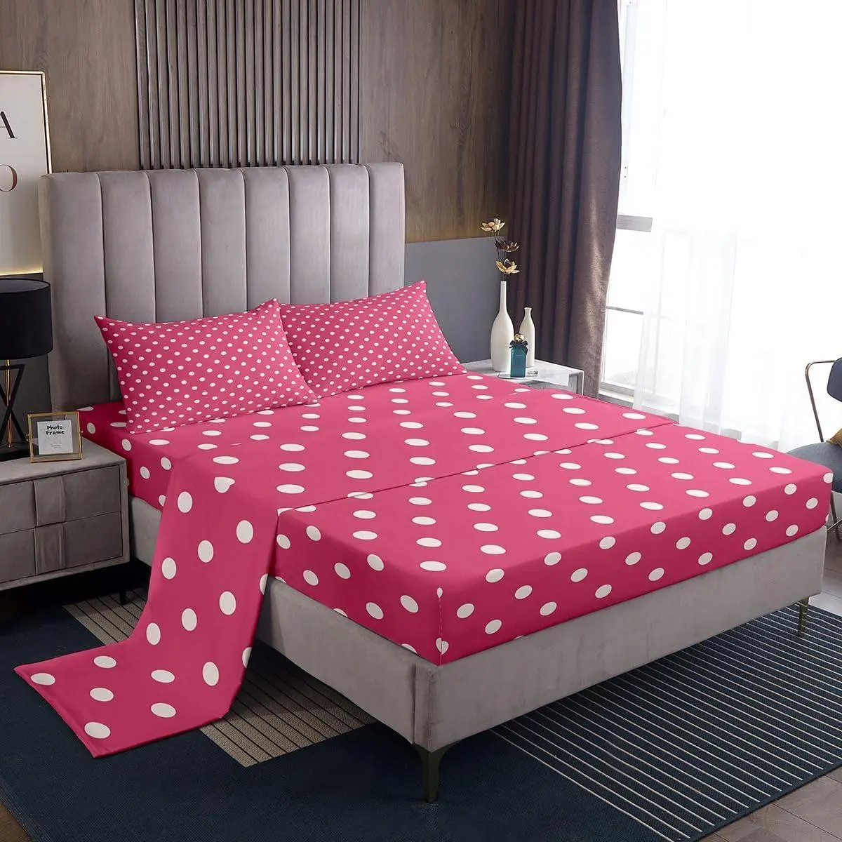 Pink White Polka Dot Bed Sheets Set Retro Cute Polka Dot Bed Set Geometric Deep Pocket Fitted Sheet Luxury Breathable Soft Lightweight Microfiber