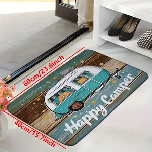 1pc Vintage Camper Door Mat - Non-Slip Machine Washable RV Floor Mat with Happy Camper Text, Teal & Brown Retro Trailer Design - Indoor/Outdoor Carpet for Campers, Trailers, RVs - Ideal Gift for Camping Enthusiasts, Camper Accessories, Indoor Outdoor Rug