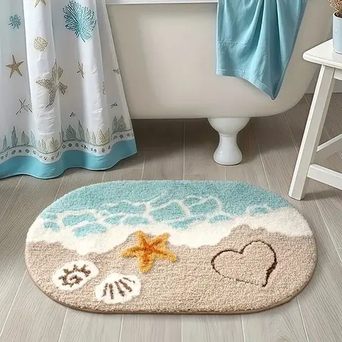 Elegant Oval Plush Bath Mat, Soft Bathroom Mat, Non-Slip Water Absorbent Rug, Starfish Beach Design, Home Bathroom Decor, Spring Seasonal Decoration, Bathroom Floor Mat, Bathroom Decorative Mat, Soft Highly Absorbent, Bath Mats For Bathroom Non Slip