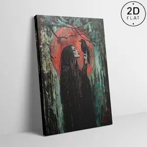 Witchcraft‑Style Ready‑to‑Hang Decor, Vintage Wooden Framed Oil Painting of Morrigan Goddess with Mysterious Crow & Moonlight Forest, 2D Flat Textured Brushstrokes Wall Art for Living Room, Bedroom and Office wicked good poster
