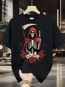 Summer New Saint Death Skull Scythe T-Shirt, Mexican Retro Dark Style, Loose Round Neck Unisex Short Sleeve, Casual Fashion