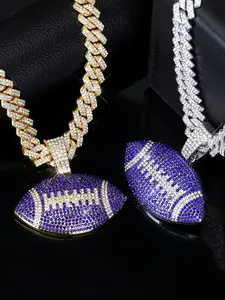 Blue Rugby Pendant Necklace with Bling-Bling Cuban Chain, Fashionable Punk Jewelry for Men & Women, Hip-Hop & Rap Accessories