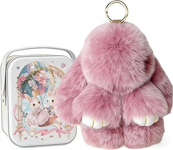 【BunnyLulu】Handmade Bunny PomPom Keychain with Collector's Tin – Cute Bag Charm, Fun Gift for Friends