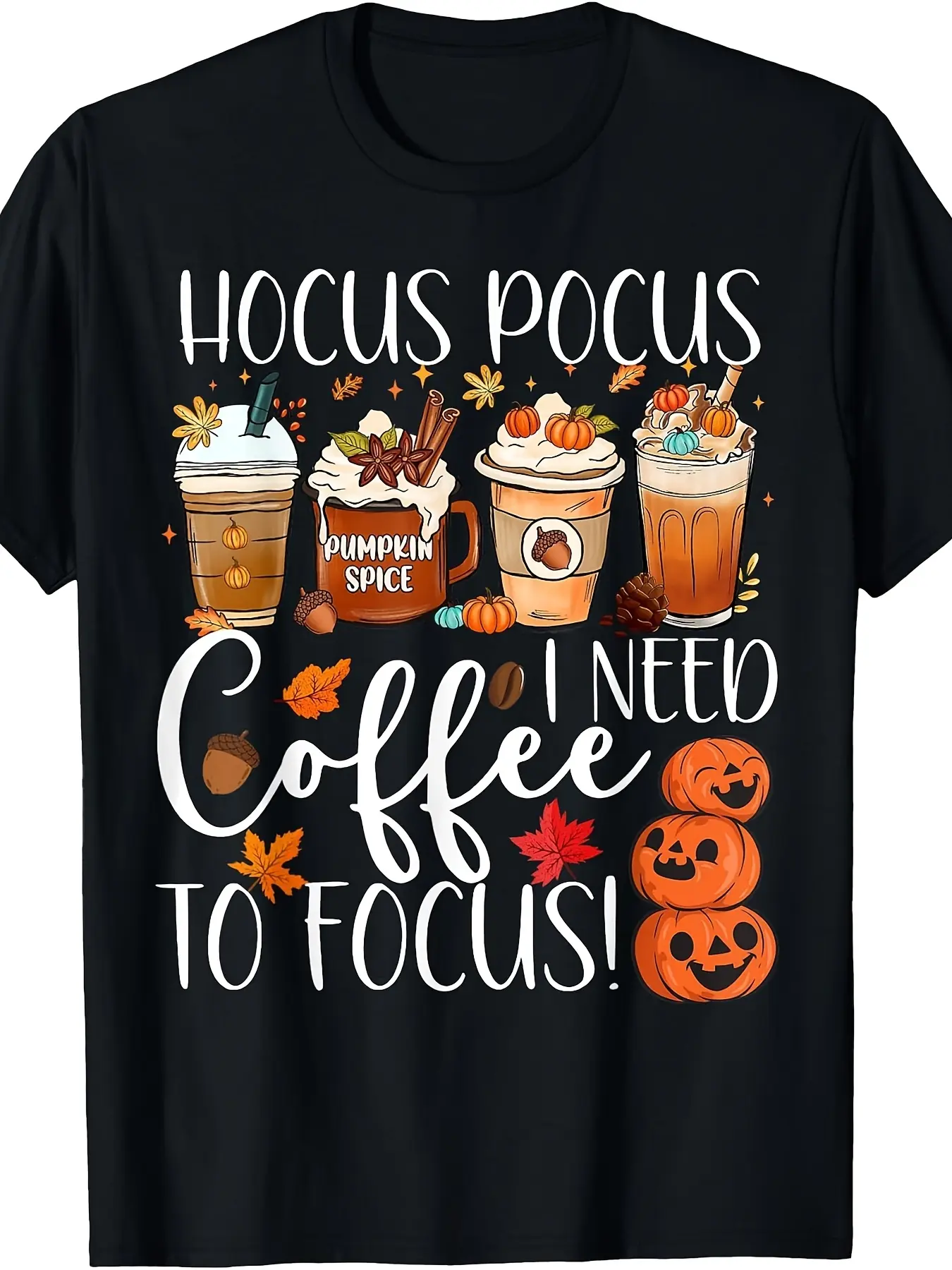 Men's Casual Breathable Short-Sleeve Unisex Crew Neck T-Shirt - Hocus Pocus, Coffee To Focus, Pumpkin Spice Latte, Fall Teacher Halloween, Leaf Design, Shortsleeve, Round Neck, Soft, Top, Tee, Quote, Style, Comfortable