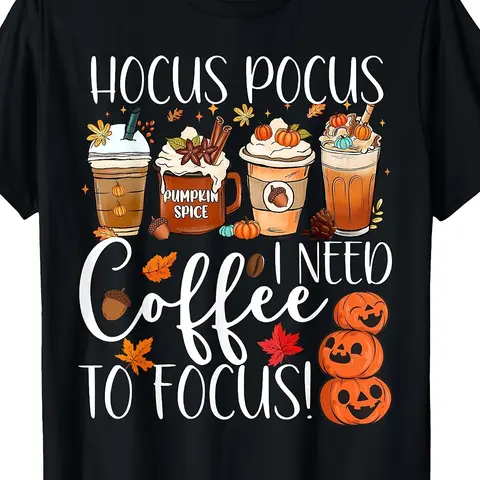 Men's Unisex Relaxed Fit Lightweight Cotton Casual T-Shirt - Crew Neck, Short-Sleeve, Hocus Pocus Coffee Quote, Pumpkin Spice Latte Design, Fall Halloween Teacher Wear, Anti-Fade Leaf Print, Soft Unisex Casual T-Shirts