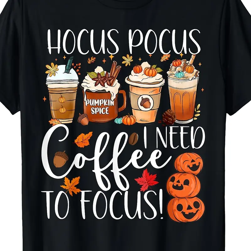 Men's Unisex Relaxed Fit Lightweight Cotton Casual T-Shirt - Crew Neck, Short-Sleeve, Hocus Pocus Coffee Quote, Pumpkin Spice Latte Design, Fall Halloween Teacher Wear, Anti-Fade Leaf Print, Soft Unisex Casual T-Shirts
