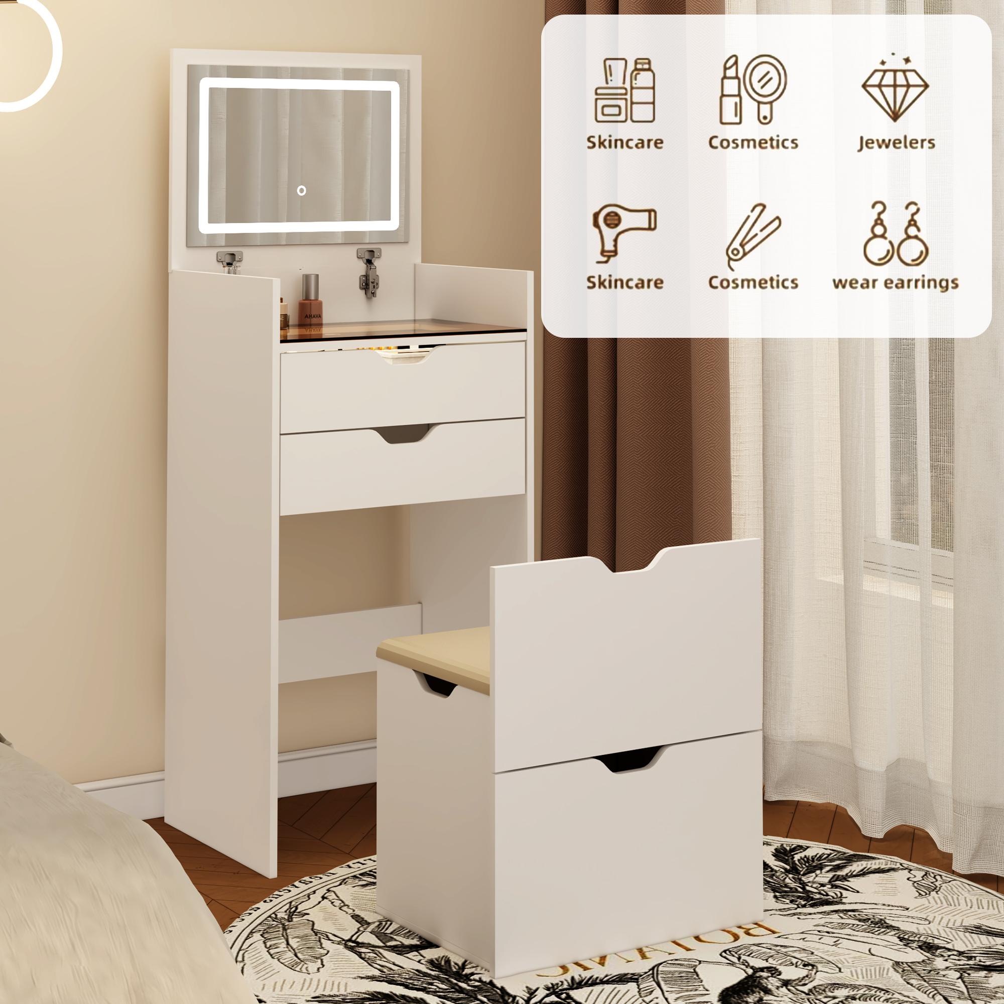 3-in-1 Lighted Makeup Vanity Set with Stool - Adjustable LED Vanity Table, 3-Color Lighting Mirror, Sliding Drawers, Hidden Storage, Space-Saving Bedroom Makeup Table with Lights, Makeup Vanity With Lights, Adjustable Vanity Set 3-in-1 Lighted Makeup Vanity Set with Stool - Adjustable LED Vanity Table, 3-Color Lighting Mirror, Sliding Drawers, Hidden Storage, Space-Saving Bedroom Makeup Table with Lights, Makeup Vanity With Lights, Adjustable Vanity Set