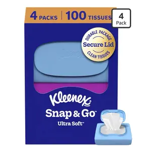 Kleenex Snap & Go Ultra Soft Facial Tissues, 4 On-the-Go Packs, 25 Tissues per Pack, 3-Ply, Packaging May Vary Napkin