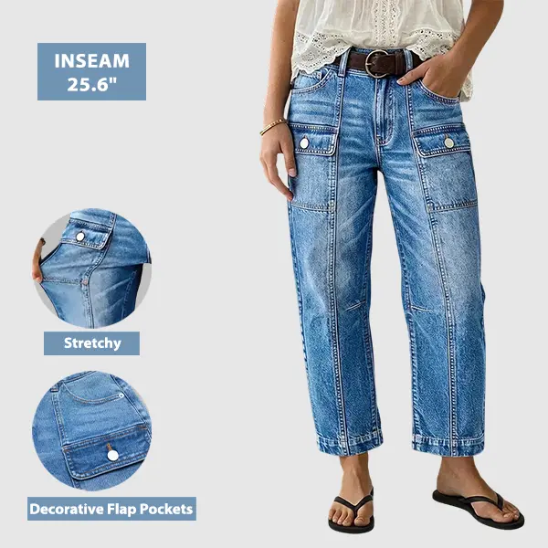 Flamingals Wash Flap Pocket Stitch Detail Mid Waist Straight Leg Cropped Jeans Without Belt Stretchy 25.6'' Inseam