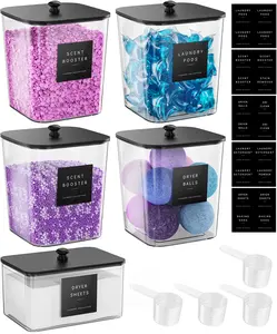 4+1 Pack Laundry Pods Container, Clear Laundry Room Organization Containers, Large Laundry Detergent Powder Storage Containers with Black Lids & Labels, Laundry Pods Holder for Scent Booster